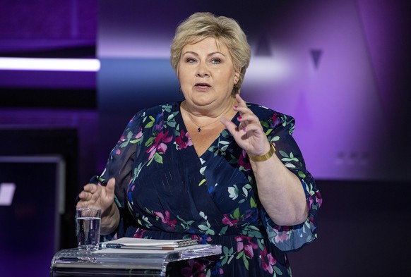 epa09439400 Prime Minister and Conservative Party leader Erna Solberg during the Party leaders debate on TV2, in Bergen, Norway, 31 August 2021. The Norwegian parliamentary election will be held on 13 ...