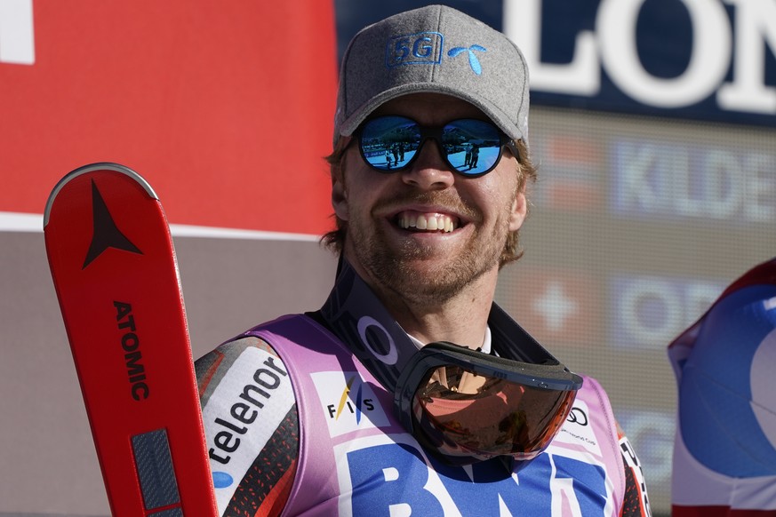 Norway&#039;s Aleksander Aamodt Kilde smiles after a first place finish in a men&#039;s World Cup super-G skiing race Friday, Dec. 3, 2021, in Beaver Creek, Colo. (AP Photo/Gregory Bull)