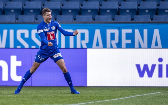 Pascal Schuerpf von Luzern feiert sein Tor zum 1:0 beim Super League Meisterschaftsspiel zwischen dem FC Luzern und dem FC Lausanne Sport vom Sonntag, 27. September 2020 in Luzern. (KEYSTONE/Urs Fluee ...