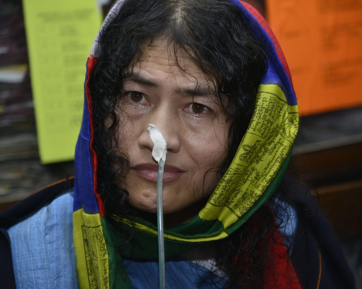 epa05467139 Irom Chanu Sharmila, the so-called 'Iron Lady', speaks during a press conference after appearing in the court of Imphal, Manipur, India, 09 August 2016. The 44-year-old rights ac ...