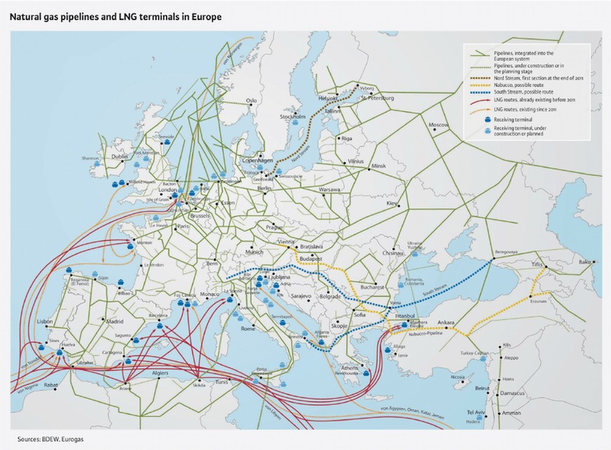 Detailliertere Karte des Gasnetzwerks in Europa. Auch durch die baltischen Staaten fliesst russisches Gas. Noch nicht eingetragen ist die neue Baltic Pipe, die von Norwegen über Dänemark nach Polen li ...