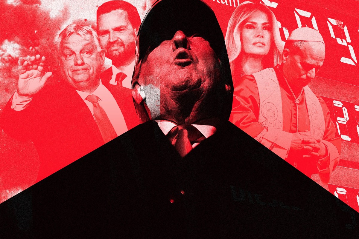 Bild zeigt Donald Trump vor Victor Orban, JD Vance, Melania Trump und Papst Leo. Dahinter eine Explosion einer Rakete im Iran und hohe Benzinpreise