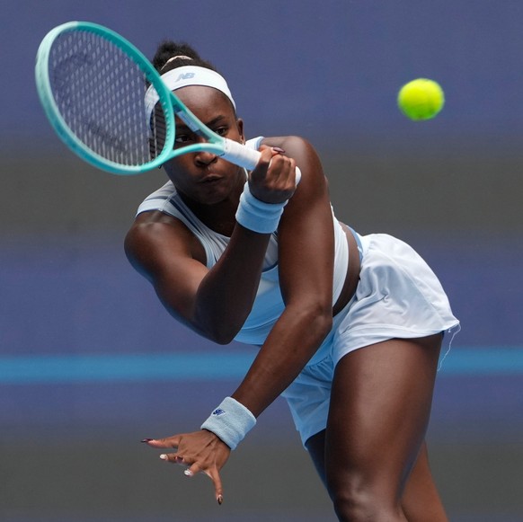 Coco Gauff of the United States returns a shot from compatriot Amanda Anisimova in a women&#039;s singles semifinal match of the China Open tennis tournament in Beijing, China, Saturday, Oct. 4, 2025. ...