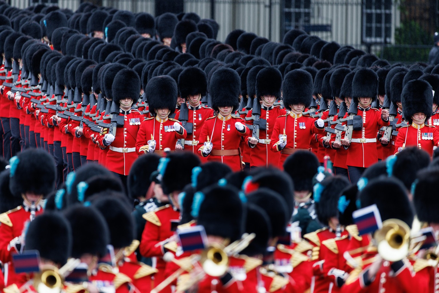 epa11411667 Grenadier Guards march at Trooping the Colour parade in London, 15 June 2024.The king&#039;s birthday parade, traditionally known as Trooping the Colour, is a ceremonial military parade to ...