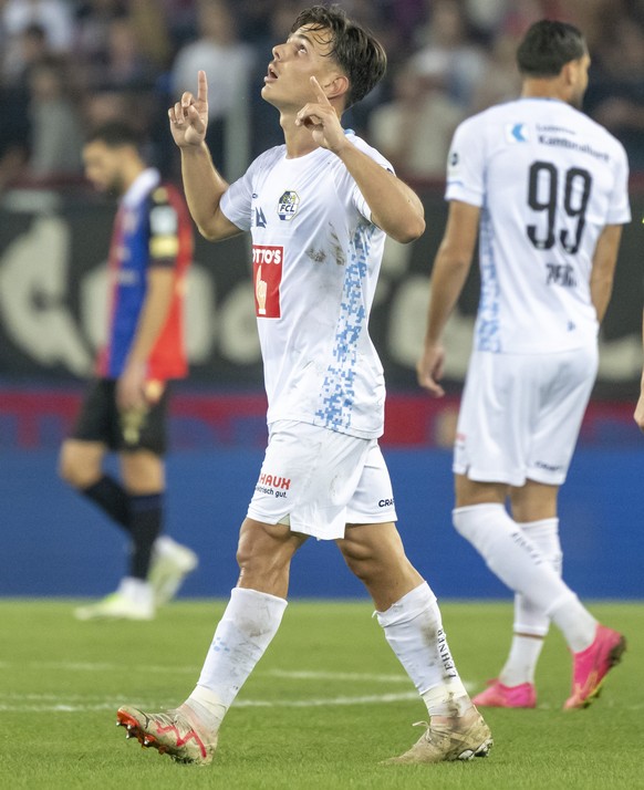 Luzerns Ardon Jashari jubelt nach seinem Tor zum 1:1 im Fussball Meisterschaftsspiel der Regular Season der Super League zwischen dem FC Basel 1893 und dem FC Luzern im Stadion St. Jakob-Park in Basel ...