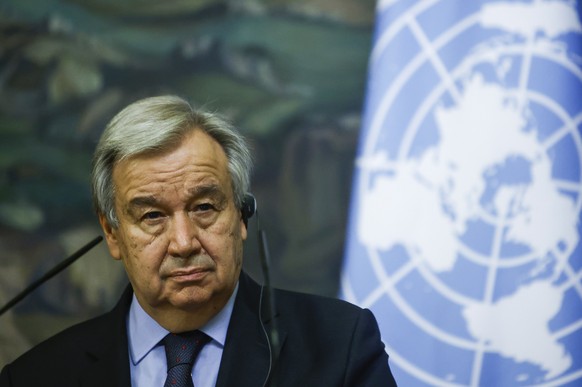 epa09194929 U.N. Secretary-General Antonio Guterres attends a news conference following talks with Russian Foreign Minister Sergei Lavrov in Moscow, Russia, 12 May 2021. U.N. Secretary-General Guterre ...