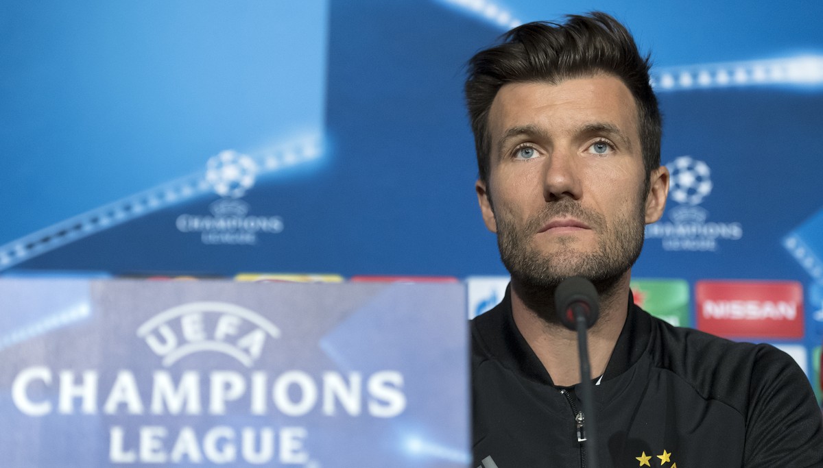 Basel's head coach Raphael Wicky speaks during a press conference the day before the UEFA Champions League Group A soccer match between Switzerland's FC Basel 1893 and Portugal's SL Ben ...