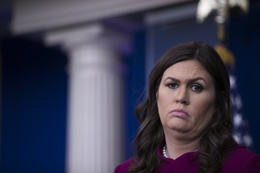 epa06484372 White House Press Secretary Sarah Huckabee Sanders responds to a question from the news media during the daily press briefing at the White House in Washington, DC, USA, 29 January 2018. Sa ...