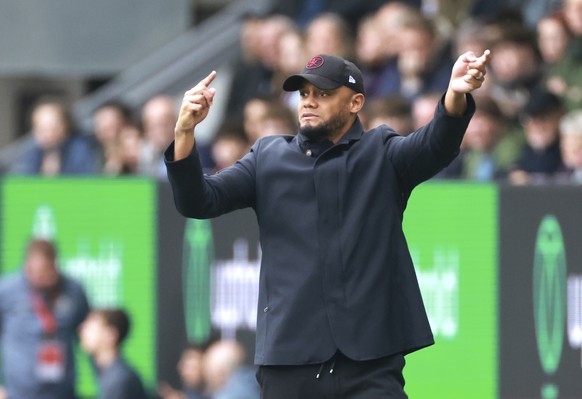 Burnley manager Vincent Kompany gestures on the touchline, during the English Premier League soccer match between Burnley and Newcastle United, at Turf Moor, in Burnley, England, Saturday, May 4, 2024 ...