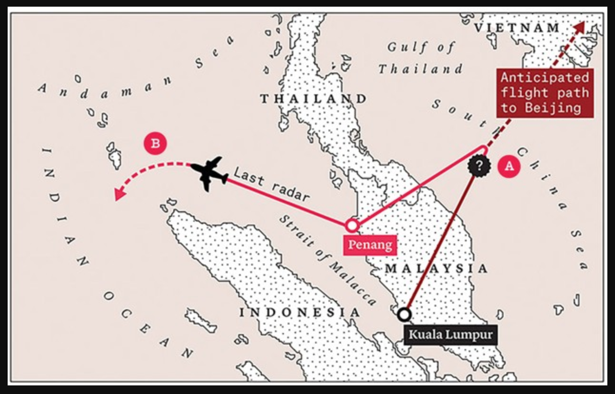 Um 01:08 Uhr überflog die Maschine die malaysische Küste und startete über das Südchinesische Meer in Richtung Vietnam. 11 Minuten später drehte sie ab.