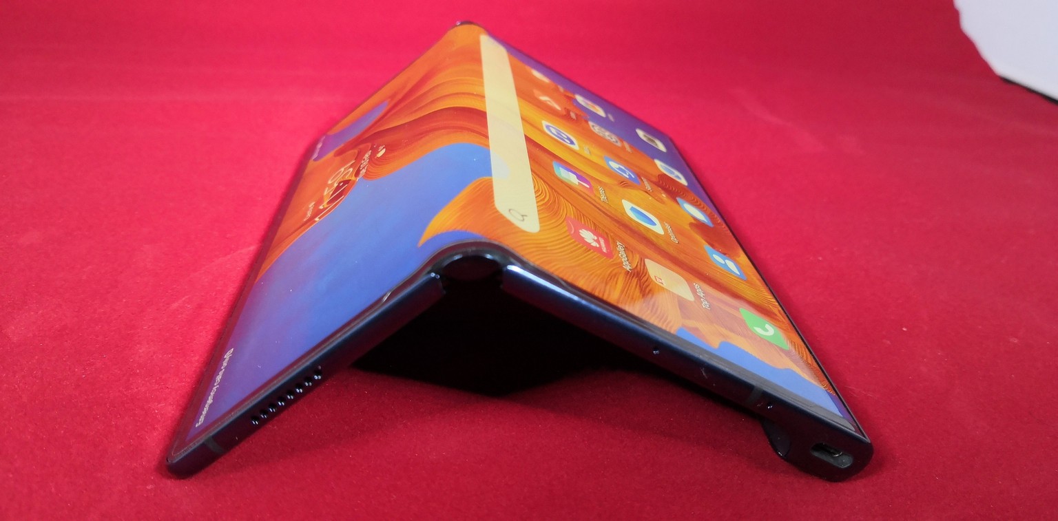 In this Feb. 18, 2020 photo, a view of the latest version of Chinese tech company HuaweiÄôs folding smartphone, the Mate Xs, on display, at a press preview in London ItÄôs the companyÄôs first fold ...