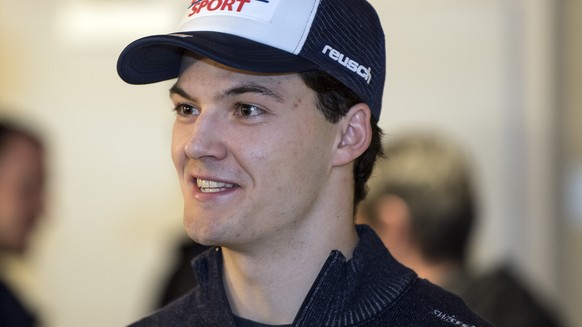 Loic Meillard of Swiss Ski, speaks during a press conference before the FIS Ski World Cup at the &quot;Chuenisbaergli&quot; in Adelboden, Switzerland, on Friday, 5 January 2018. (KEYSTONE/Peter Schnei ...