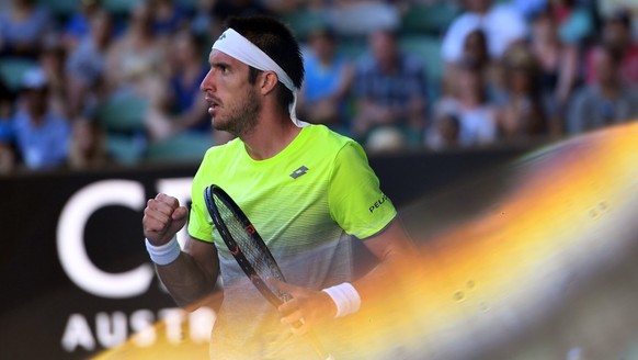 epa06445568 Leonardo Mayer of Argentina reacts against Rafael Nadal of Spain during the second round on day three of the Australian Open tennis tournament in Melbourne, Victoria, Australia, 17 January ...