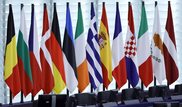 epa11676704 Flags of EU member states in the plenary room of the European Parliament in Strasbourg, France, 23 October 2024. The EU Parliament&#039;s session runs from 21 to 24 October 2024. EPA/RONAL ...