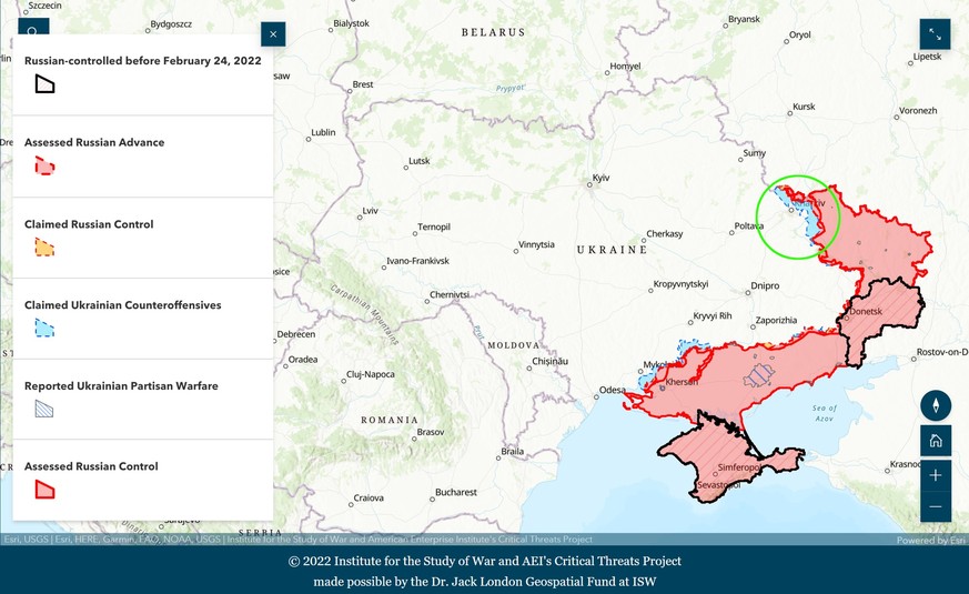 Grün eingezeichnet: die Gegenoffensive der ukrainischen Truppen.