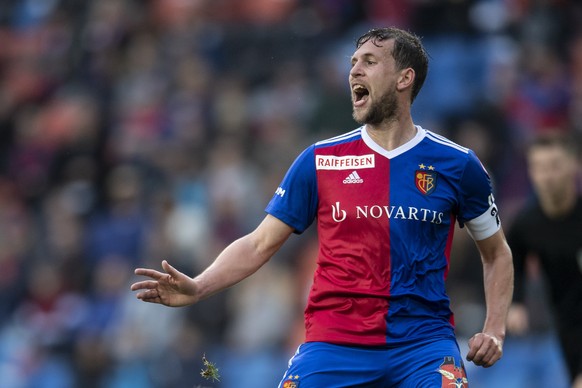 Basels Fabian Frei reagiert im Fussball Meisterschaftsspiel der Super League zwischen dem FC Basel 1893 und Neuchatel Xamax FCS im Stadion St. Jakob-Park in Basel, am Samstag, 25. Mai 2019. (KEYSTONE/ ...