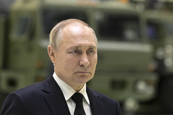 Russian President Vladimir Putin speaks to employees of the Almaz-Antey Corporation&#039;s Obukhov Plant in St. Petersburg, Russia, Wednesday, Jan. 18, 2023. (Ilya Pitalev, Sputnik, Kremlin Pool Photo ...