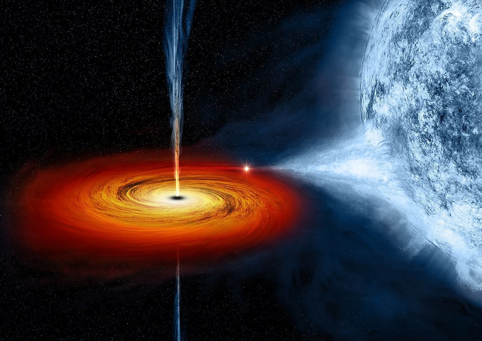 Cygnus X-1 besteht aus einem Riesenstern (r.), von dem Masse auf ein Schwarzes Loch akkretiert wird. Cygnus X-1 ist das erste entdeckte Schwarze Loch.   