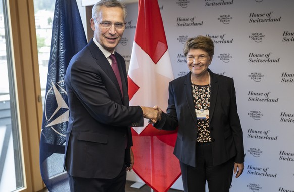 Jens Stoltenberg, Secretary-General, North Atlantic Treaty Organization, left, meets with Swiss Federal Councillor and defense minister Viola Amherd, for bilateral talks in the House of Switzerland du ...