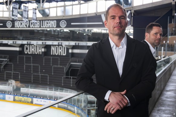 From left, Tomas Mitell new HC Lugano Head Coach and Stefan Hedlund Associate Coach, during the presentation of the new HC Lugano technical staff season 2025 - 2026 at the Corn�r Arena, Friday, 25 Apr ...