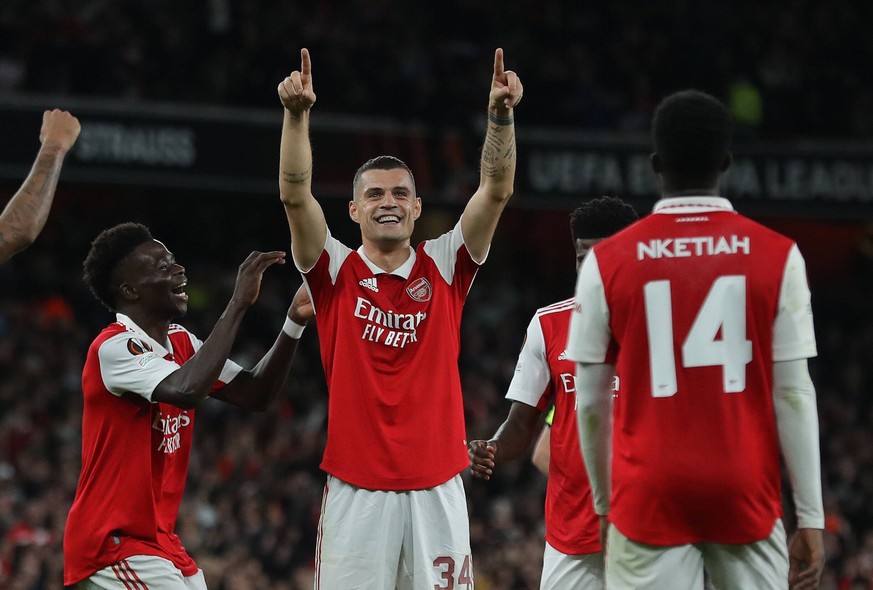 London, England, 20th October 2022. Granit Xhaka of Arsenal celebrates after scoring the opening goal during the UEFA Europa League match at the Emirates Stadium, London. Picture credit should read: P ...