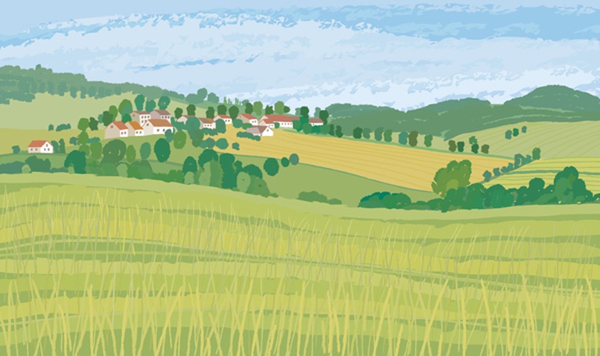 Zeichnung von Feld mit Dorf