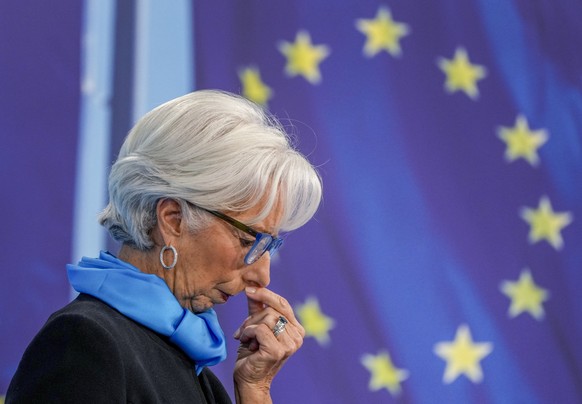 FILE - President of European Central Bank Christine Lagarde speaks during a press conference following the meeting of the governing council in Frankfurt, Thursday, Oct. 28, 2021. Italian Prime Ministe ...