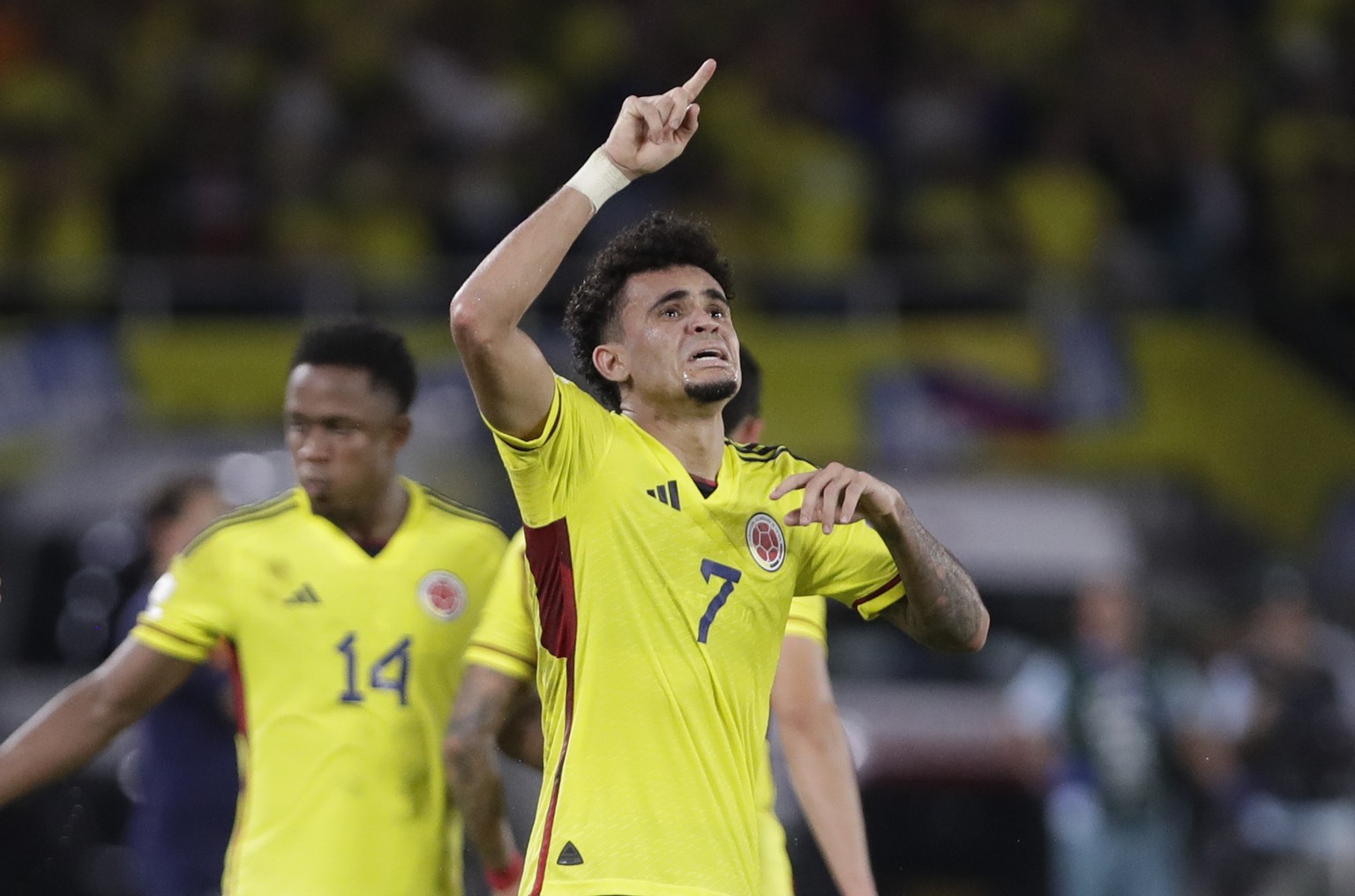 Colombia&#039;s Luis Diaz celebrates scoring his side&#039;s second goal against Brazil during a qualifying soccer match for the FIFA World Cup 2026 at Roberto Melendez stadium in Barranquilla, Colomb ...