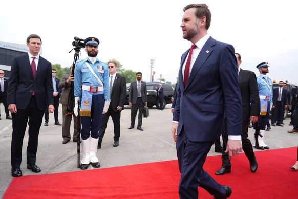 U.S. Vice President JD Vance walks as Jared Kushner, left, looks on after arriving for talks with Iranian officials in Islamabad, Pakistan, Saturday, April 11, 2026. (AP Photo/Jacquelyn Martin, Pool)
 ...