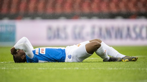 Grasshopper Julien Ngoy reagiert im Fussball Meisterschaftsspiel der Super League zwischen dem Grasshopper Club Zuerich und dem FC St. Gallen im Letzigrund, am Samstag, 4. Mai 2019 in Zuerich. (KEYSTO ...