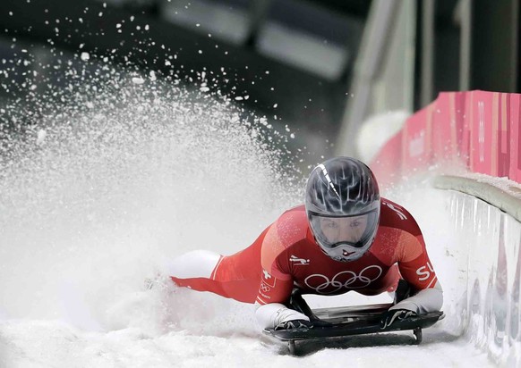 Marina Gilardoni of Switzerland finishes her first run during the women&#039;s skeleton competition at the 2018 Winter Olympics in Pyeongchang, South Korea, Friday, Feb. 16, 2018. (AP Photo/Wong Maye- ...