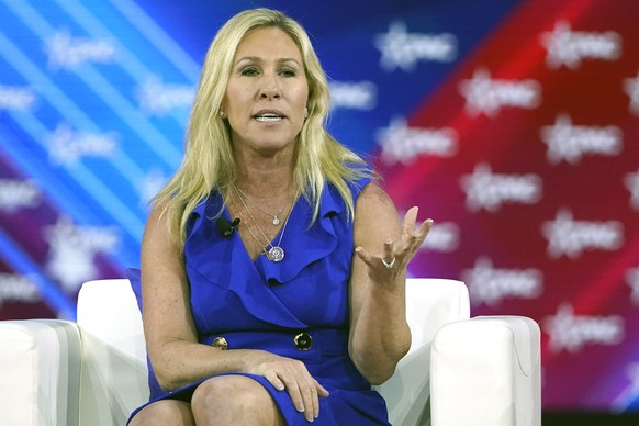 Rep. Marjorie Taylor Greene, R-Ga., answers questions during a panel discussion at the Conservative Political Action Conference (CPAC) Saturday, Feb. 26, 2022, in Orlando, Fla. (AP Photo/John Raoux)