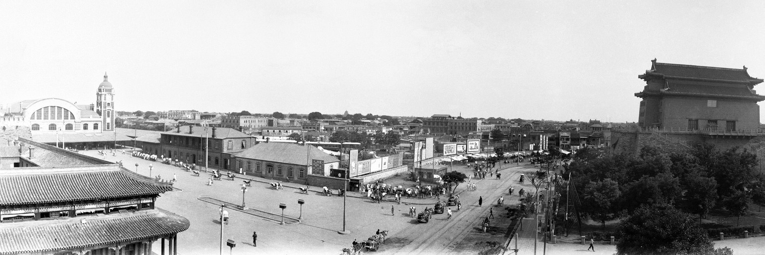 View of legation quarter, Peiping (Beijing) from top of hotel Des Wagon-Lits. in the distance, June 17, 1935. On the right is shown the renowned Forbidden City, while on the left, in the distance, may ...