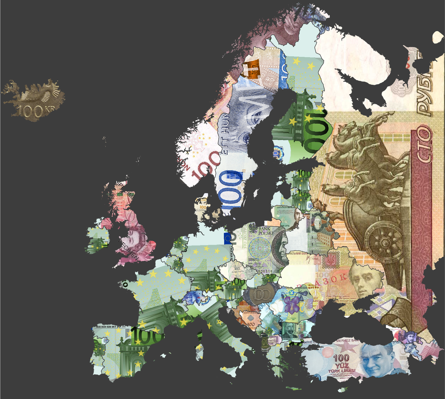 Europa 100. Сотня карта. Europe currency Map.