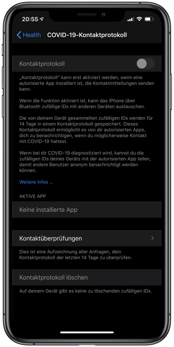 Das Feature lässt sich nicht aktivieren, weil in der Schweiz (noch) keine offizielle Corona-Warn-App verfügbar ist.
