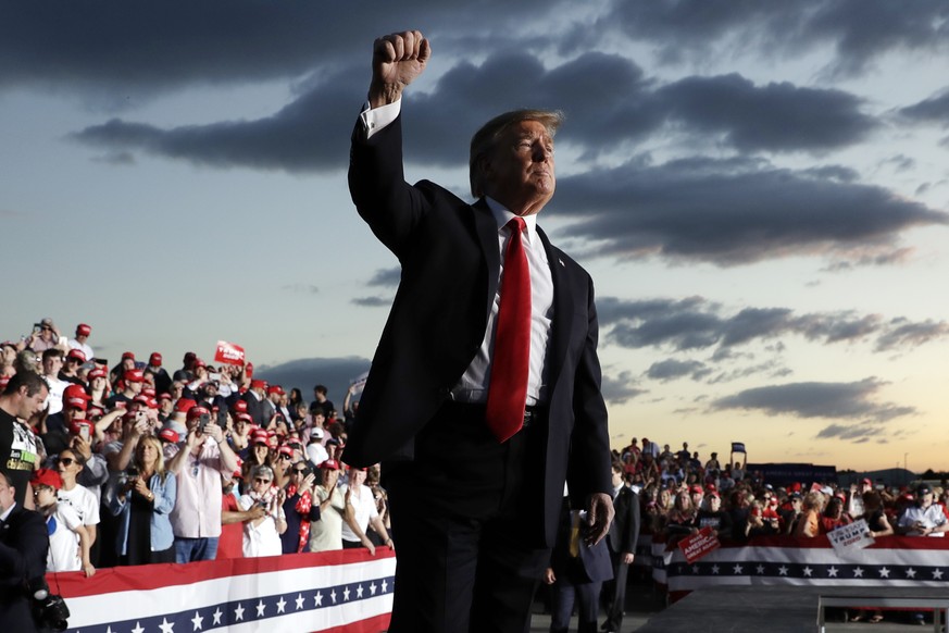 FILE - In this May 20, 2019 file photo, President Donald Trump gestures to the crowd as he finishes speaking at a campaign rally in Montoursville, Pa. Trump will be launching his re-election bid this  ...