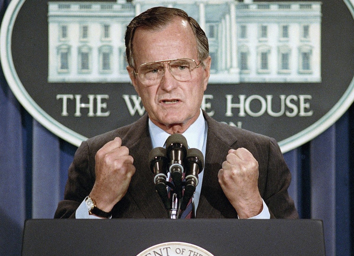 FILE - In this June 5, 1989 file photo, U.S. President George H.W. Bush holds a news conference at the White House in Washington where he condemned the Chinese crackdown on pro-democracy demonstrators ...
