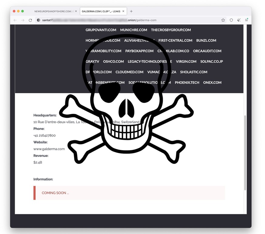 Galderma wird auf der Darknet-Seite von Clop aufgeführt. Allerdings nennen die Kriminellen als Hauptsitz fälschlicherweise eine Nestlé-Adresse in der Romandie. Und der Netto-Jahresumsatz des Hautpfleg ...