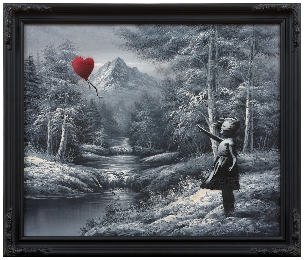 Cette œuvre sera mise aux enchères mercredi et déterminera l'avenir de Banksy: «Girl and Balloon on Found Landscape», 2012.