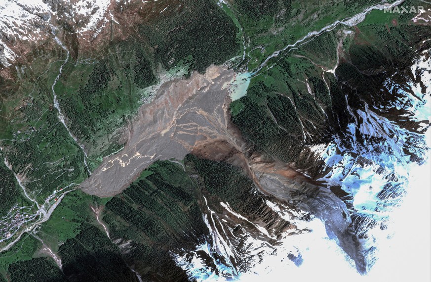 This satellite image provided by Maxar Technologies shows the village of Blatten after suffering a mudslide, in Switzerland, May 29, 2025. (Maxar Technologies via AP)
Switzerland Mudslide