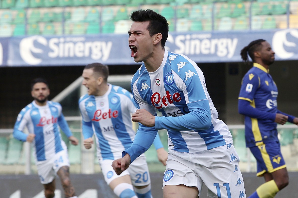 Napoli's Hirving Lozano celebrates after scoring during the Serie A soccer match between Hellas Verona and Napoli at the Bentegodi Stadium in Verona, Italy, Sunday, Jan. 24, 2021. (Paola Garbuio/ ...