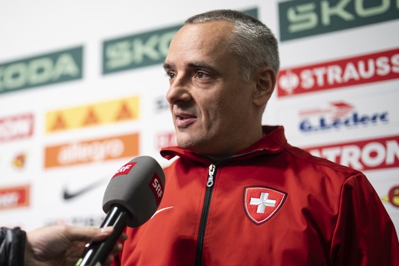 Switzerland's Headcoach Jan Cadieux speaks with journalists in the mixed zone after a training of team Switzerland in the practice rink in the Swiss Life Arena in Zuerich, Switzerland on Wednesda ...