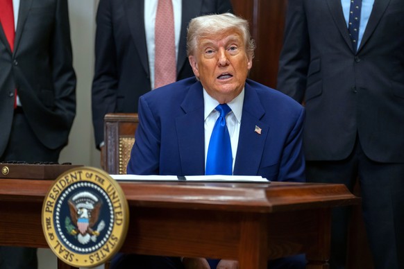 President Donald Trump answers a reporter&#039;s question during an event in the Roosevelt Room at the White House, Monday, May 12, 2025, in Washington. (AP Photo/Mark Schiefelbein)
Donald Trump