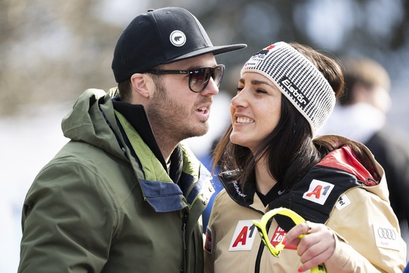 Stephanie Venier of Austria, right, with boyfriend Christian Walder in the finish area during the women&#039;s Super G race at the Alpine Skiing FIS Ski World Cup, in Crans-Montana, Switzerland, Sunda ...