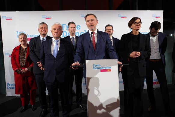 epa11919213 Chairman of the Free Democratic Party (FDP) and former German Finance Minister Christian Lindner gives a speech during the Free Democratic Party (FDP) election event in Berlin, Germany, 23 ...