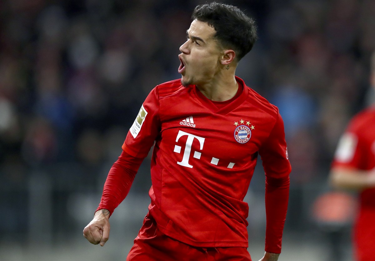 Bayern's Philippe Coutinho celebrates after scoring his side's third goal during the German Bundesliga soccer match between FC Bayern Munich and SV Werder Bremen in Munich, Germany, Saturday ...