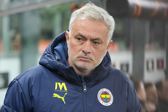 epa11911125 Head coach Jose Mourinho of Fenerbahce looks on ahead of the UEFA Europa League play-offs second leg soccer match between RSC Anderlecht and Fenerbahce SK, in Anderlecht, Belgium, 20 Febru ...