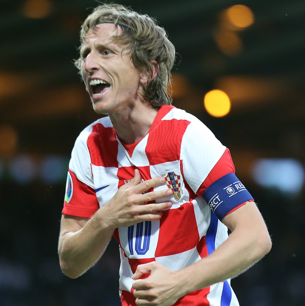 epa09294358 Luka Modric of Croatia celebrates after scoring his team's second goal during the UEFA EURO 2020 group D preliminary round soccer match between Croatia and Scotland in Glasgow, Britai ...