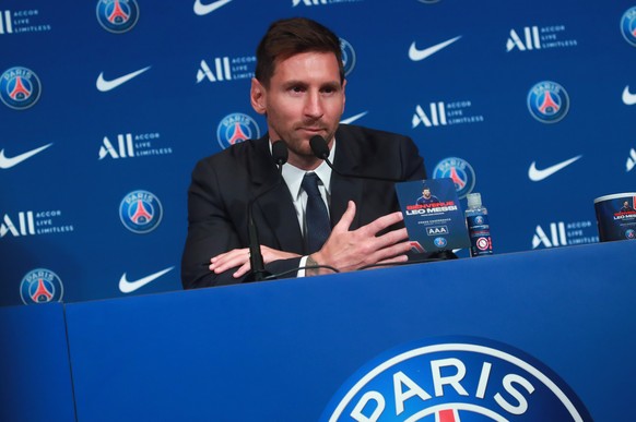 epa09409411 Argentinian striker Lionel Messi during his press conference as part of his official presentation at the Parc des Princes stadium, in Paris, France, 11 August 2021. Messi arrived in Paris ...