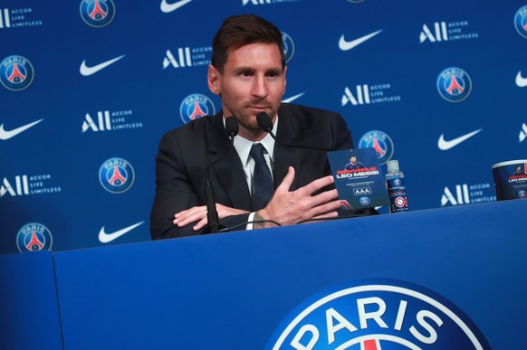 epa09409411 Argentinian striker Lionel Messi during his press conference as part of his official presentation at the Parc des Princes stadium, in Paris, France, 11 August 2021. Messi arrived in Paris  ...